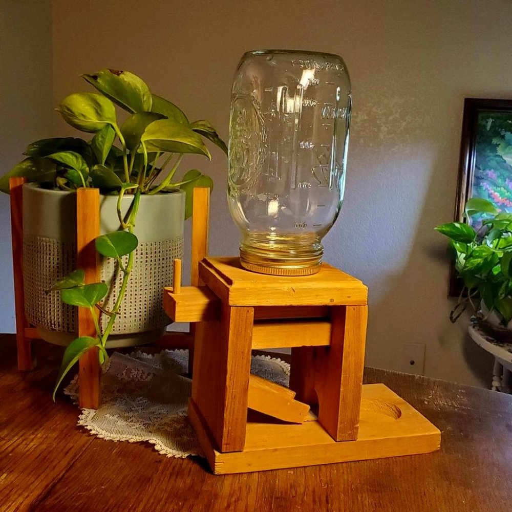 VTG Wood Candy Dispenser w/ Glass Mason Ball Jar for Nuts GumBalls Skittles M&Ms